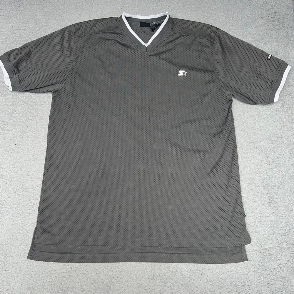 VTG Starter Athletic Soccer Jersey Sz L Gray Ringer Mesh V-Neck Embroider 2-Side